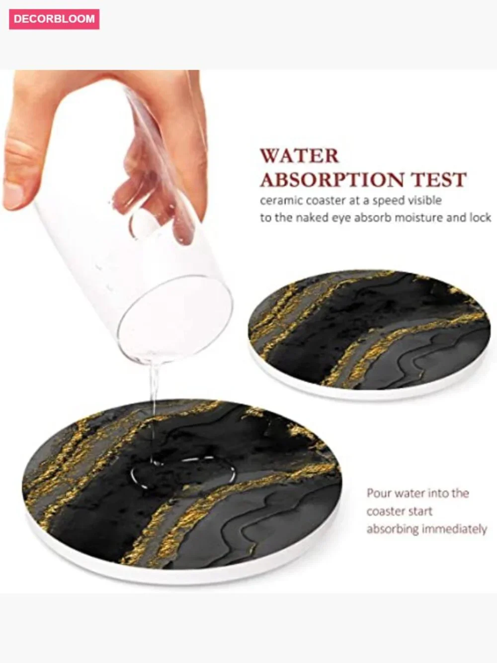 6 Round Stone Absorbent Coasters with Cork Base & Metal Holder